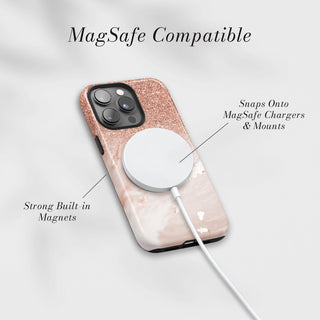 Tough Case MagSafe Rose Gold Marble, snaps onto MagSafe chargers and mounts