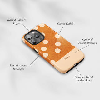 Tough Case MagSafe Pumpkin Dots, raised camera edges, glossy finish and port access