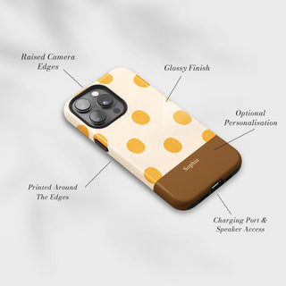 Tough Case MagSafe Mustard Dots, raised camera edges, glossy finish and port access