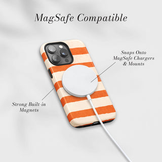 Tough Case MagSafe Clementine Stripe, snaps onto MagSafe chargers and mounts