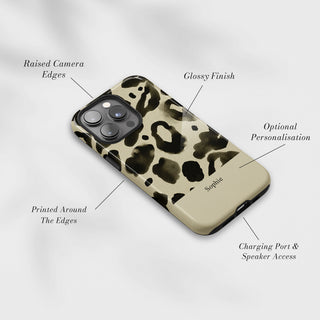 Tough Case MagSafe Sage Leopard, raised camera edges, glossy finish and port access