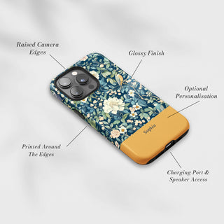 Tough Case MagSafe William Morris Floral, raised camera edges, glossy finish and port access