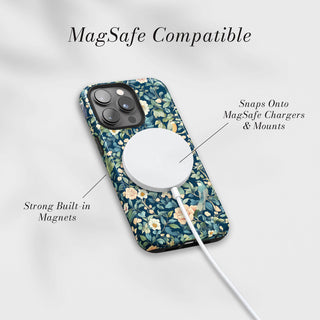 Tough Case MagSafe William Morris Floral, snaps onto MagSafe chargers and mounts