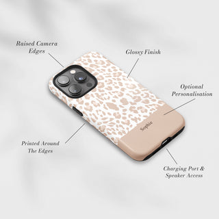 Tough Case MagSafe Sand Leopard, raised camera edges, glossy finish and port access
