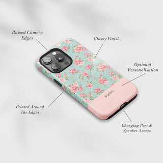 Tough Case MagSafe Mint Rose, raised camera edges, glossy finish and port access