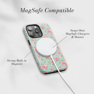 Tough Case MagSafe Mint Rose, snaps onto MagSafe chargers and mounts