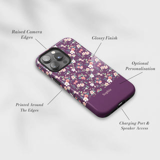 Tough Case MagSafe Plum Posy, raised camera edges, glossy finish and port access