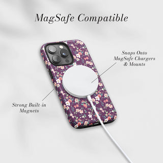 Tough Case MagSafe Plum Posy, snaps onto MagSafe chargers and mounts