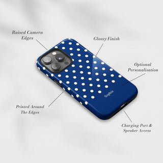 Tough Case MagSafe Navy Polka Dots, raised camera edges, glossy finish and port access