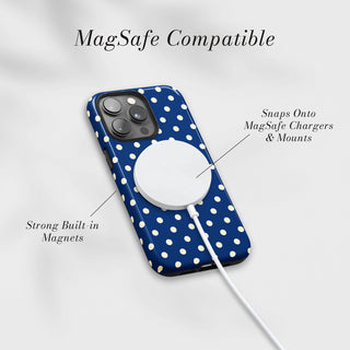 Tough Case MagSafe Navy Polka Dots, snaps onto MagSafe chargers and mounts