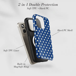 Tough Case MagSafe Navy Polka Dots, two layer protection with soft TPU liner and hard PC shell