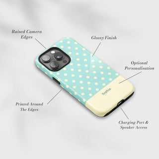 Tough Case MagSafe Mint Polka Dots, raised camera edges, glossy finish and port access