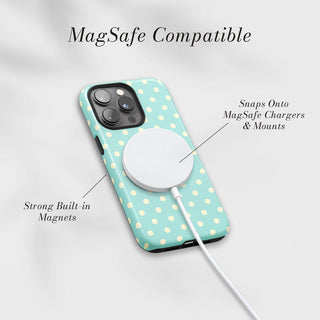 Tough Case MagSafe Mint Polka Dots, snaps onto MagSafe chargers and mounts