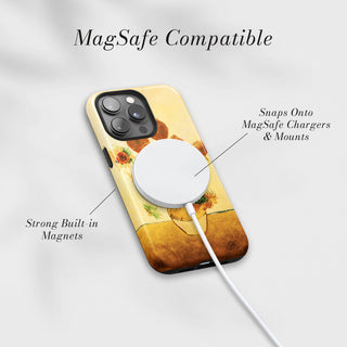 Tough Case MagSafe Sunflowers, snaps onto MagSafe chargers and mounts