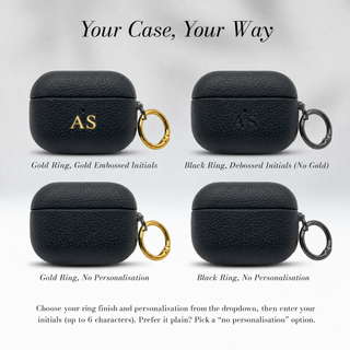 Your Case, Your Way: gold or black ring, gold embossed, debossed or no initials