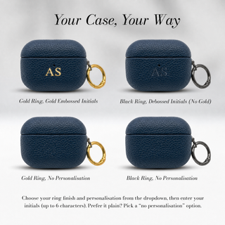 Your Case, Your Way: gold or black ring, gold embossed, debossed or no initials