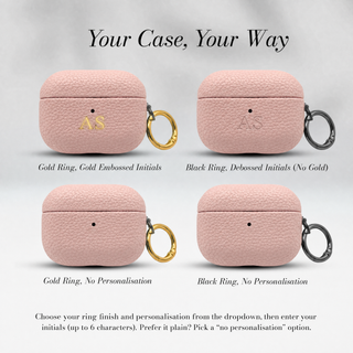 Your Case, Your Way: gold or black ring, gold embossed, debossed or no initials