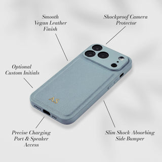 Smooth vegan leather with shockproof camera protector - features