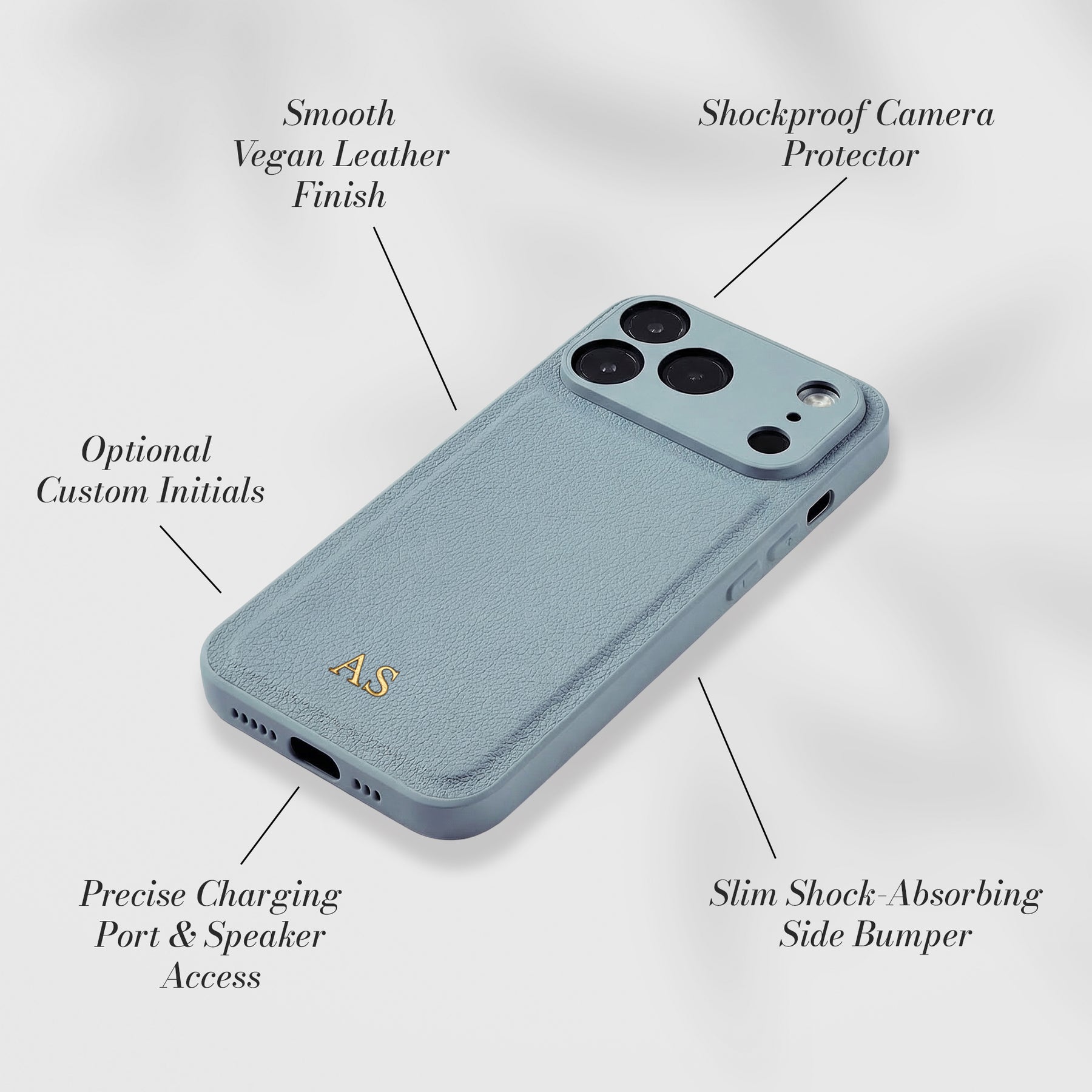 Smooth vegan leather with shockproof camera protector - features