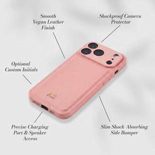 Smooth vegan leather with shockproof camera protector - features