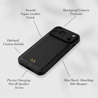 Smooth vegan leather with shockproof camera protector - features