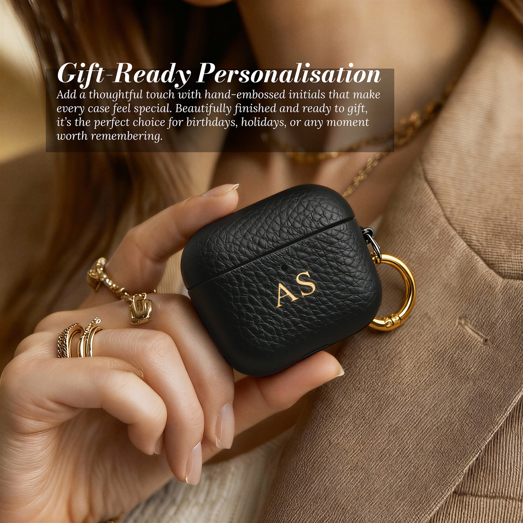 Gift-ready personalisation - leather AirPods case in hand