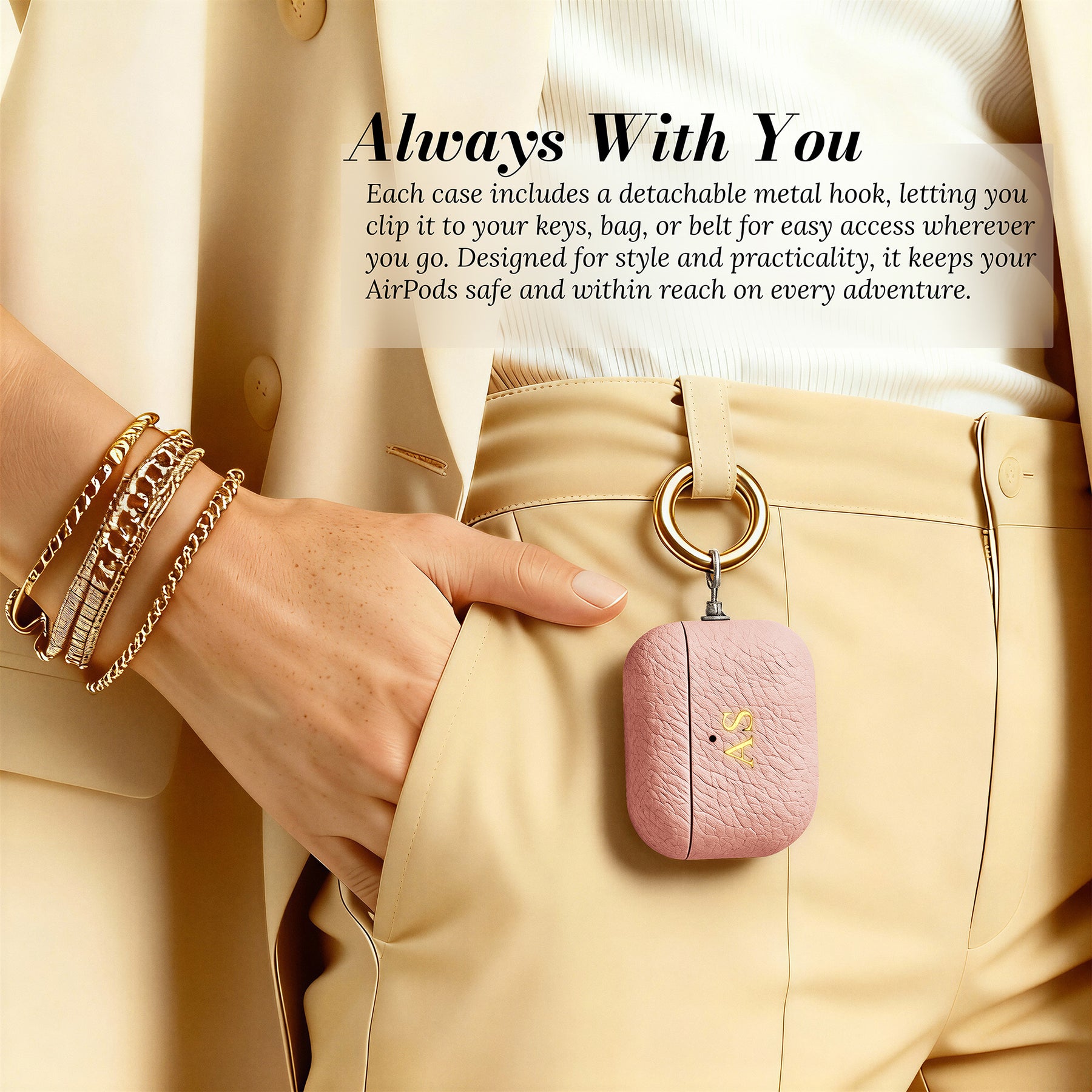 Always with you - clipped to trousers with gold hook