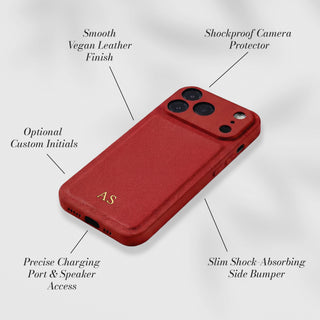 Smooth vegan leather with shockproof camera protector - features