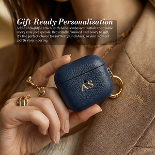 Gift-ready personalisation — Navy Blue leather AirPods case in hand