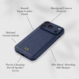 Smooth vegan leather with shockproof camera protector - features