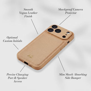 Smooth vegan leather with shockproof camera protector - features