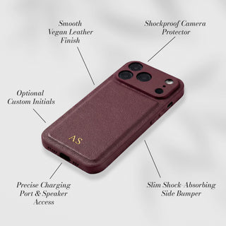 Smooth vegan leather with shockproof camera protector - features