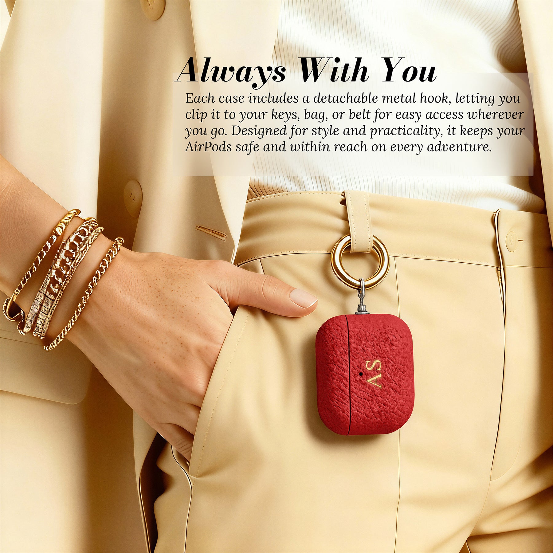 Always with you - clipped to trousers with gold hook