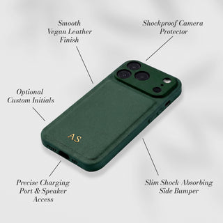 Smooth vegan leather with shockproof camera protector - features