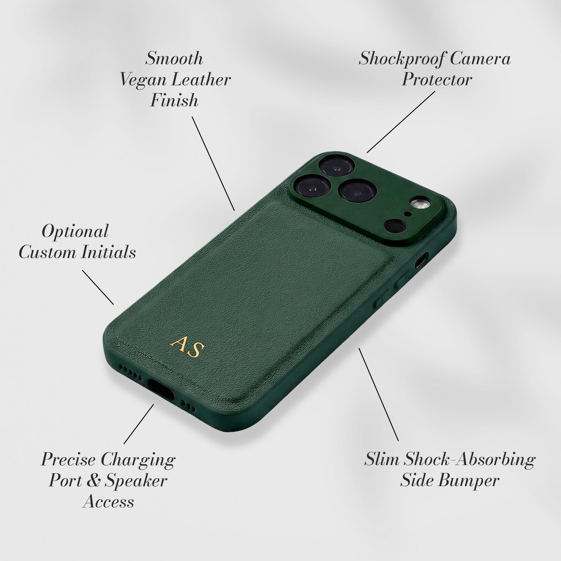 Smooth vegan leather with shockproof camera protector - features