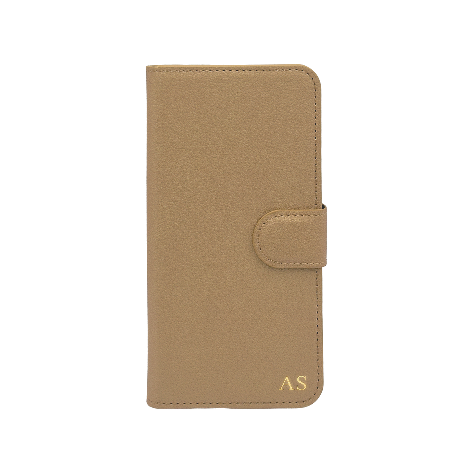 Personalised leather wallet iPhone case in Beige with gold embossed initials