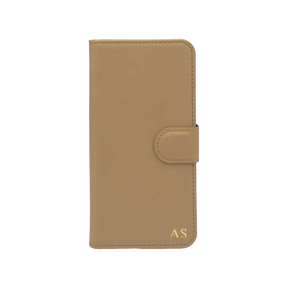 Personalised leather wallet iPhone case in Beige with gold embossed initials
