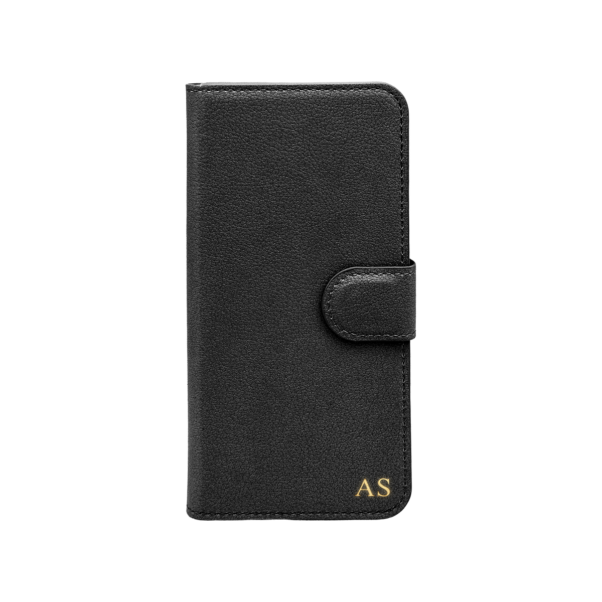 Personalised leather wallet iPhone case in Black with gold embossed initials