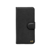 Personalised leather wallet iPhone case in Black with gold embossed initials