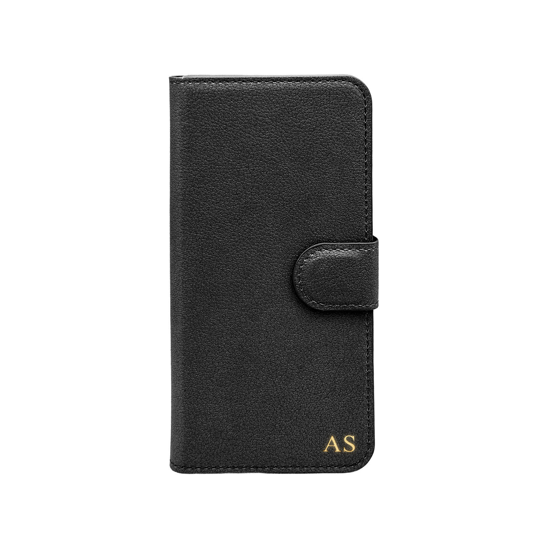 Personalised leather wallet iPhone case in Black with gold embossed initials