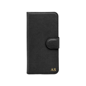 Personalised leather wallet iPhone case in Black with gold embossed initials