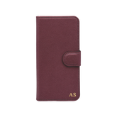 Personalised leather wallet iPhone case in Burgundy with gold embossed initials