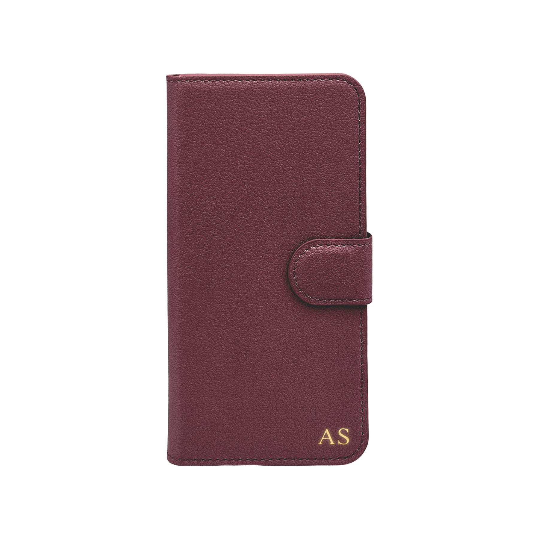Personalised leather wallet iPhone case in Burgundy with gold embossed initials