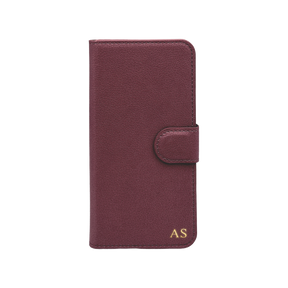 Personalised leather wallet iPhone case in Burgundy with gold embossed initials