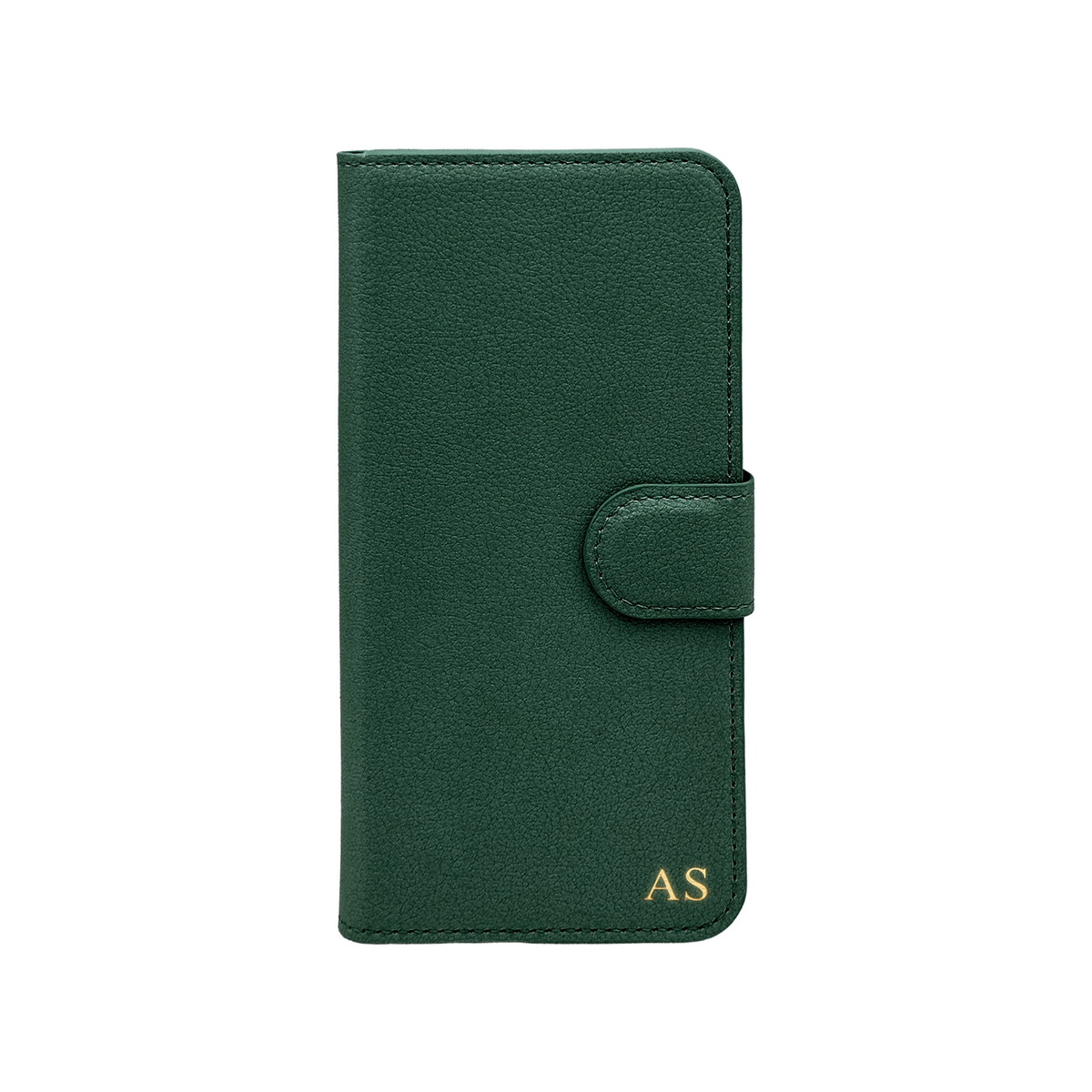 Personalised leather wallet iPhone case in Green with gold embossed initials