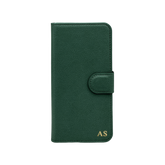 Personalised leather wallet iPhone case in Green with gold embossed initials
