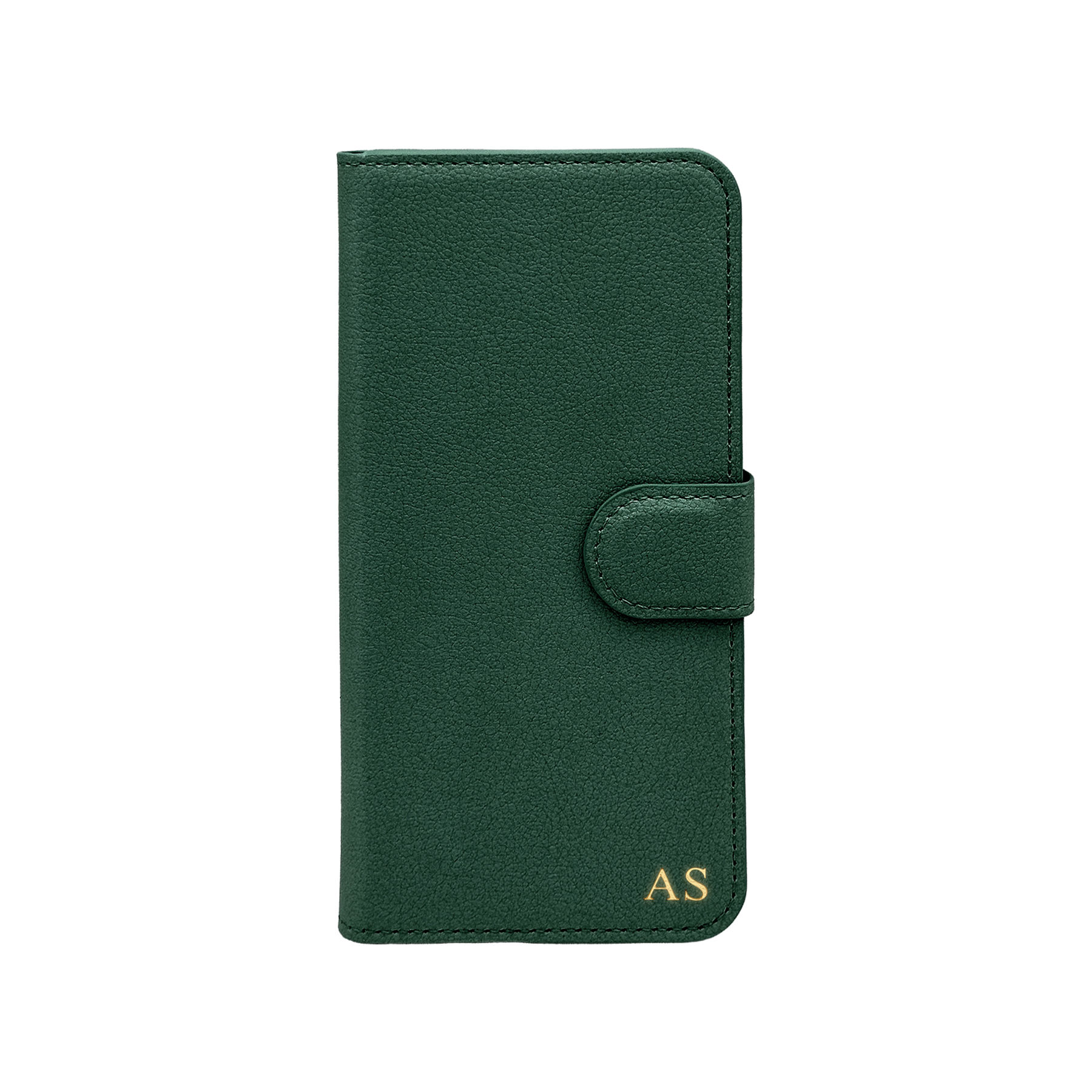 Personalised leather wallet iPhone case in Green with gold embossed initials