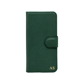 Personalised leather wallet iPhone case in Green with gold embossed initials