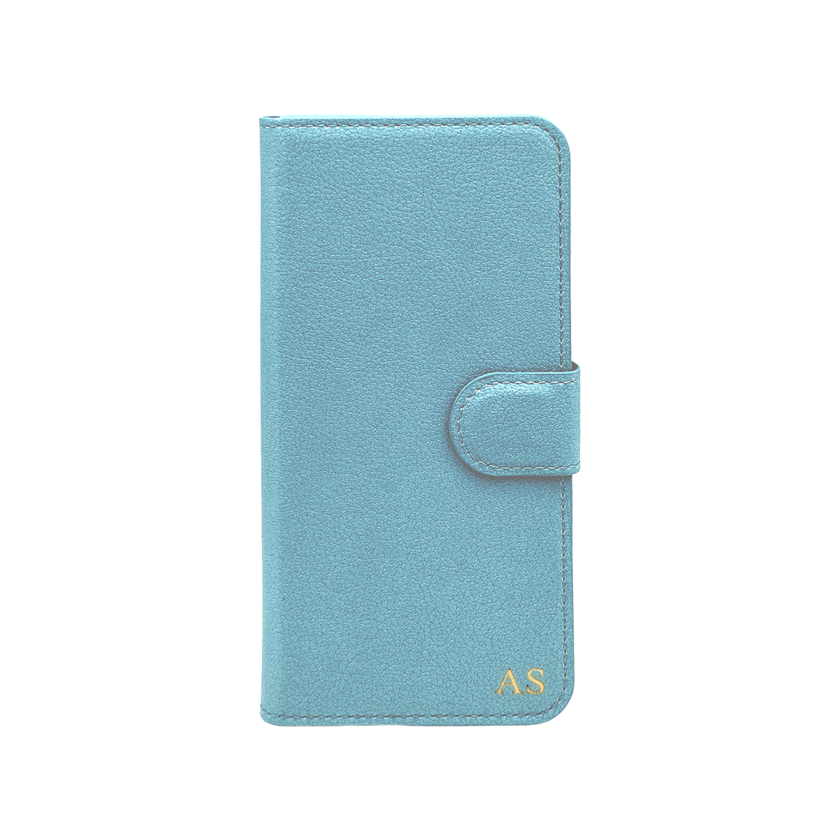 Personalised leather wallet iPhone case in Light Blue with gold embossed initials