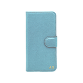 Personalised leather wallet iPhone case in Light Blue with gold embossed initials